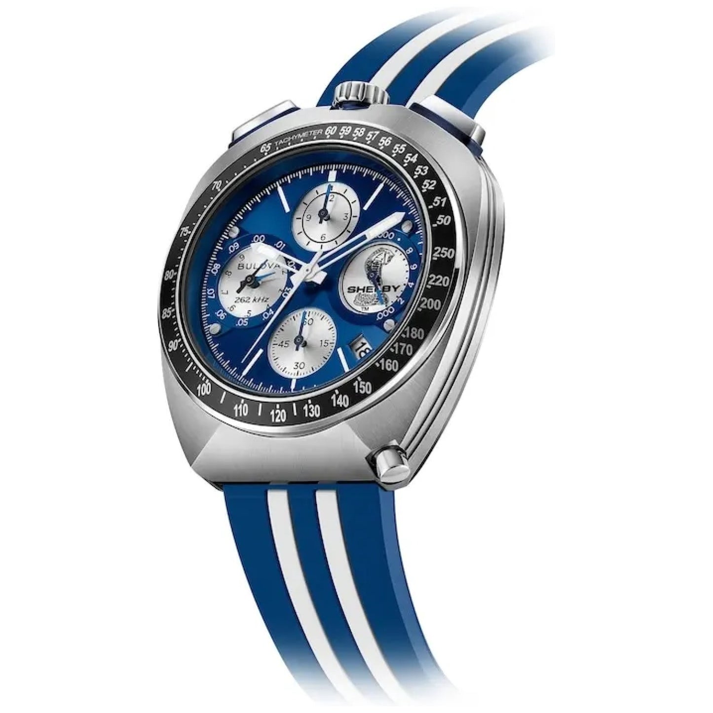 Zegarek Bulova Chronograph z kopertą ze stali szlachetnej, niebieską tarczą i paskiem w paski