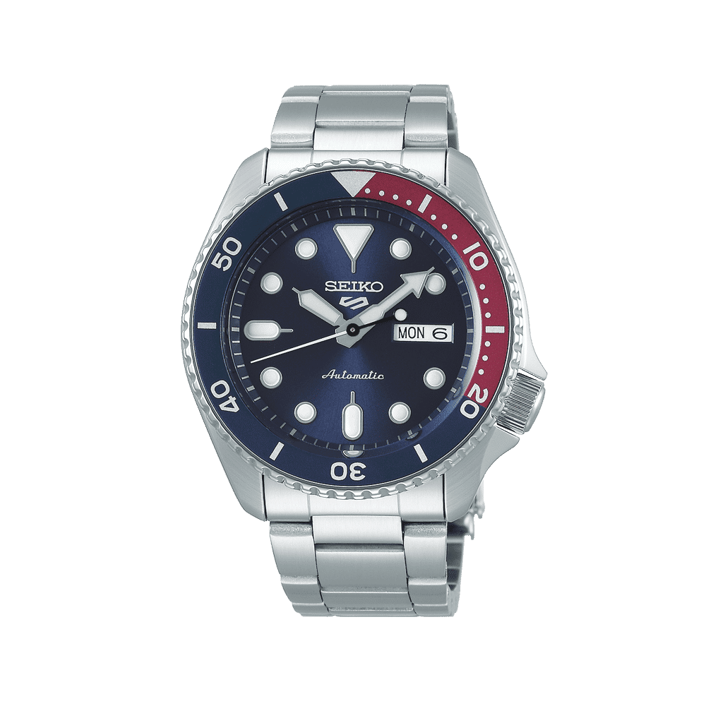 Sportig herrklocka med blå urtavla, röd/blå Pepsi-bezel, armband i rostfritt stål