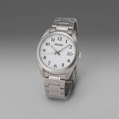 SEIKO herrarmbandsur, silverfärgat armband i rostfritt stål, rund vit urtavla med datumfönster