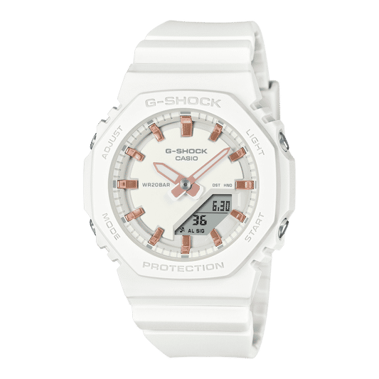 Casio G‑SHOCK Damenarmbanduhr mit weißem Bio-Harzband und rundem Ziffernblatt