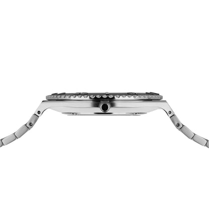 Herrarmbandsur, sidovy med krona, boett i rostfritt stål och metallarmband