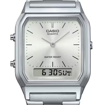 Casio-armbandsur med silverfärgat armband och rektangulär urtavla, dual-display.