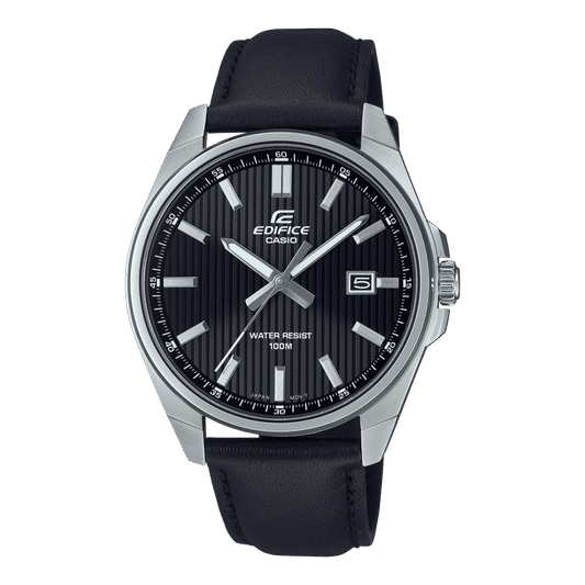 Casio Edifice Damenarmbanduhr mit schwarzem Lederband, schwarzem Zifferblatt und Indexen