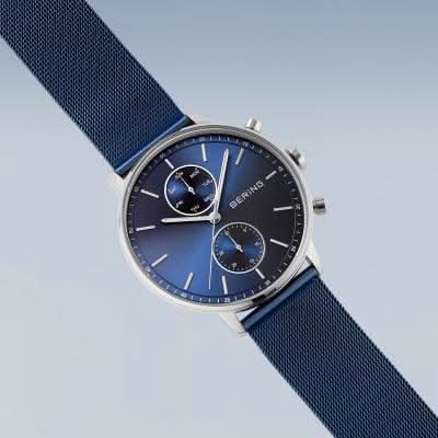 Herrklocka med rund boett, blå urtavla och blått Milanese-armband