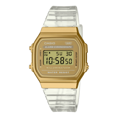 Casio Unisex-Digitalarmbanduhr mit goldfarbenem Gehäuse und transparentem Kunststoffband