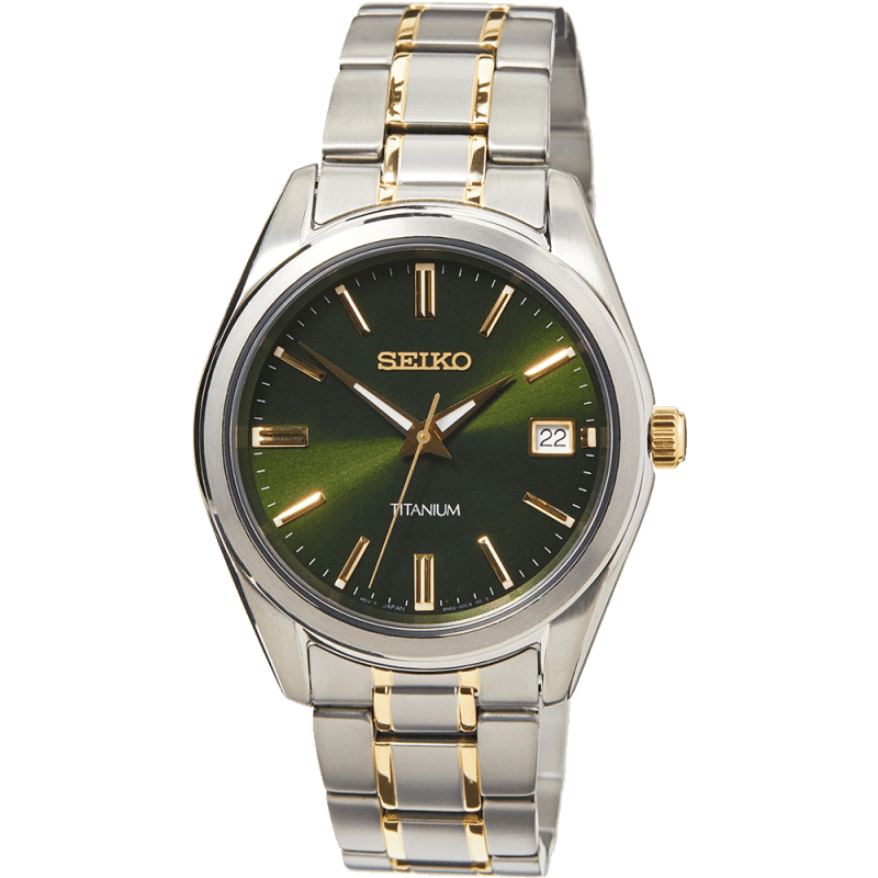 Herrklocka i titan med grön urtavla, tvåfärgat metallarmband och safirglas