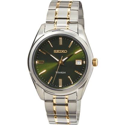 Herrklocka i titan med grön urtavla, tvåfärgat metallarmband och safirglas