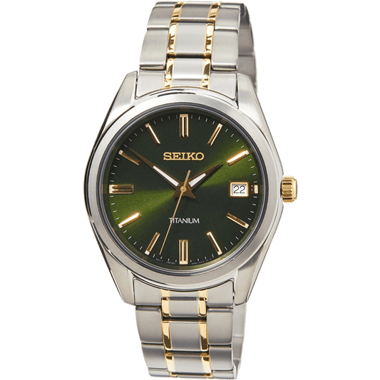 Herrklocka i titan med grön urtavla, tvåfärgat metallarmband och safirglas