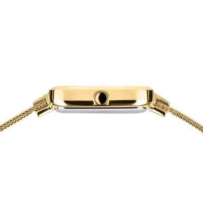 Damklocka: Spänne och boettens sida med krona på guldfärgat Milanese-armband.