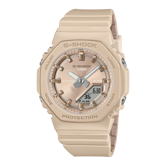 G-Shock Damen-Armbanduhr mit sandfarbenem Resinband und Ana-Digi Anzeige