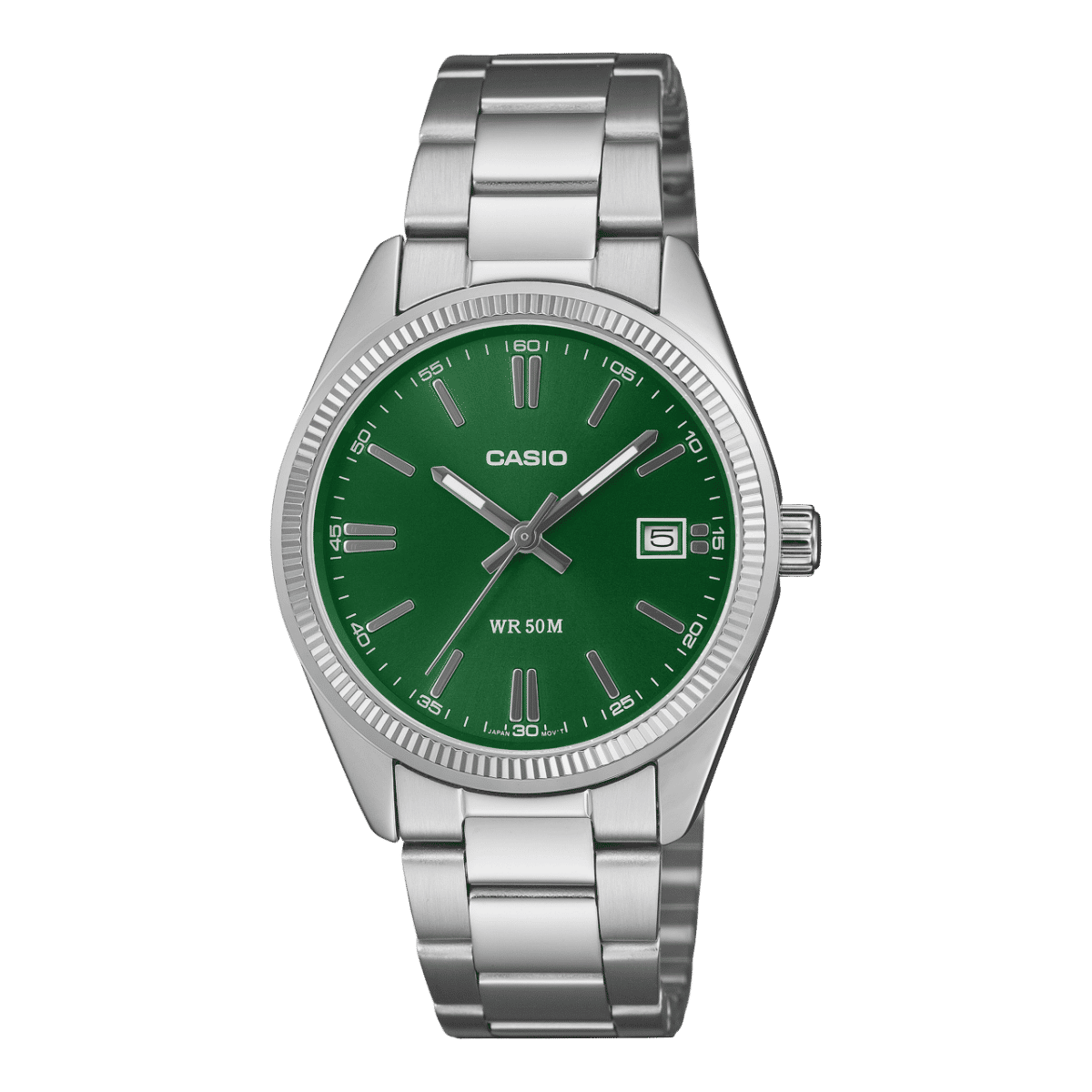 Casio Armbanduhr: grünes Zifferblatt, Metallband, Datumsanzeige, WR 50 m