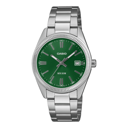 Casio Armbanduhr: grünes Zifferblatt, Metallband, Datumsanzeige, WR 50 m