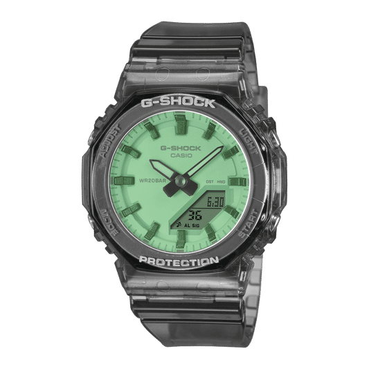 Casio G-Shock Damenarmbanduhr mit transparentem Armband und grünem Ana-Digi Zifferblatt