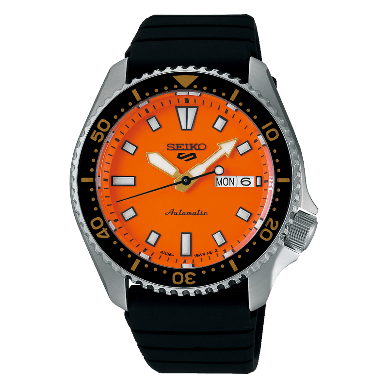 Seiko 5 Sports herrklocka, svart silikonband, orange urtavla, minutring