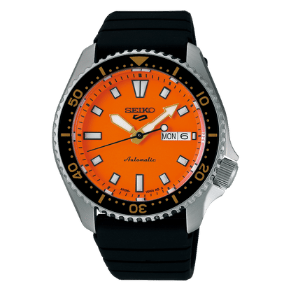 Seiko 5 Sports herrklocka, svart silikonband, orange urtavla, minutring
