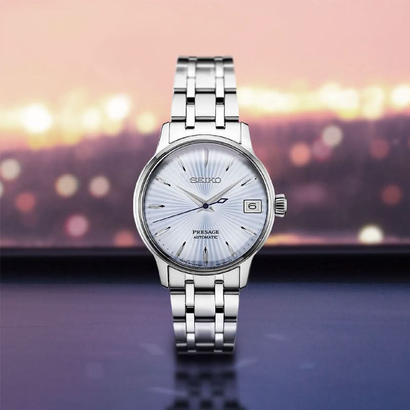 Seiko Presage herrarmbandsur med ljus urtavla och metallarmband