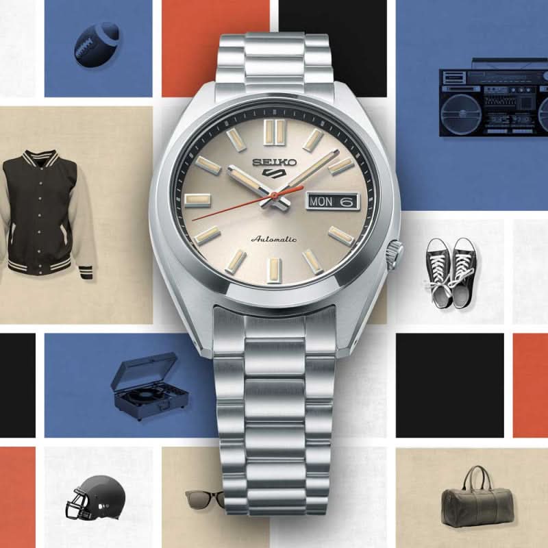 Seiko 5 Sports herrur med armband i rostfritt stål och beige urtavla, MON 6