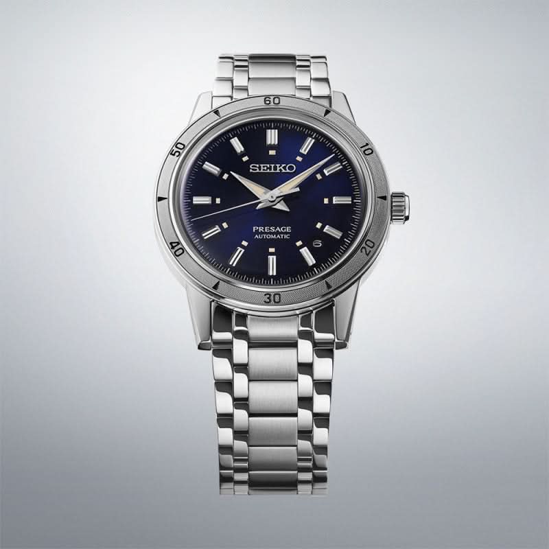 Seiko Presage herrarmbandsur med blå urtavla och metallarmband
