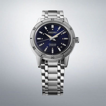 Seiko Presage herrarmbandsur med blå urtavla och metallarmband