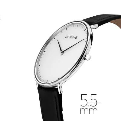 Bering Ultra Slim klocka med svart läderarmband och vit urtavla, 5,5 mm tjocklek