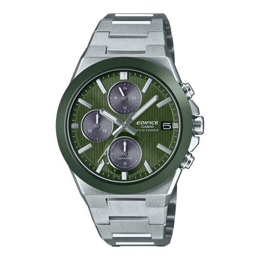 Casio Edifice Herrenuhr: grünes Zifferblatt, Chronograph, silbernes Edelstahlband
