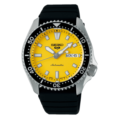 Seiko 5 Sports automatisk klocka: gul urtavla, svart infattning med markeringar, armband