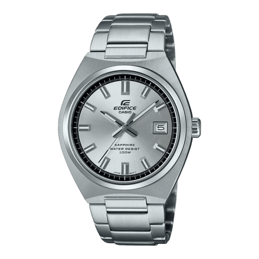 Silberne Herrenarmbanduhr mit rundem Zifferblatt und Metallarmband, Saphirglas