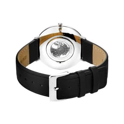 Bering Ultra Slim-klocka med svart läderarmband och spänne, synlig boettbaksida