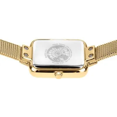Damklocka med gravyr på baksidan i rektangulärt fodral och guldfärgat milanesarmband.