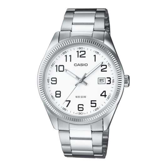 Herrenarmbanduhr von Casio, silberfarbenes Metallarmband, weißes Zifferblatt, Datumsanzeige