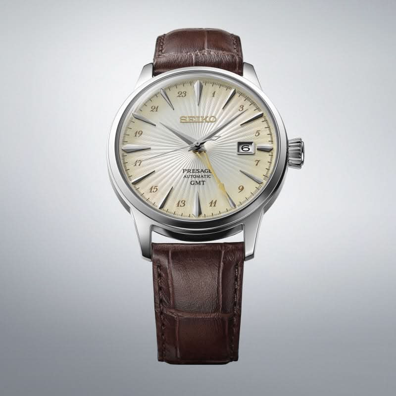 "Seiko Presage herrklocka med beige urtavla, brunt läderband, datumfönster"
