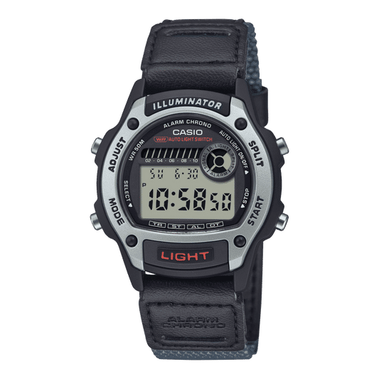 Casio Digitaluhr mit LCD-Display und dunkelblauem Armband, Taste „LIGHT“