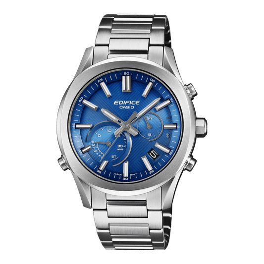 Casio Edifice Herrenarmbanduhr mit blauem Zifferblatt, Edelstahlband und Chrono-Optik