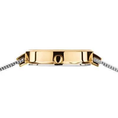 "Damenuhr-spänne i guldfärg med grått metallarmband"