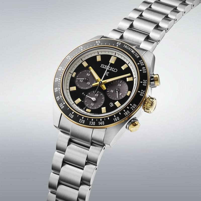 Herrarmbandsur med tachymeter-ring, svart urtavla och armband i rostfritt stål