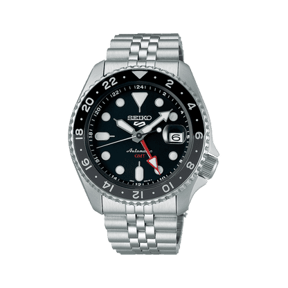 "Seiko herrklocka med armband i silverfärgat rostfritt stål och svart urtavla, GMT-visning"
