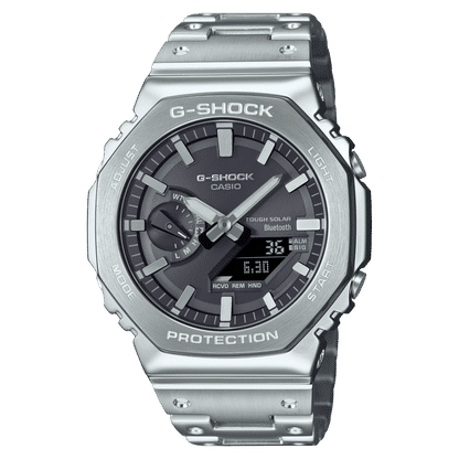Herrenarmbanduhr aus Edelstahl mit dunklem Zifferblatt, Tough Solar Bluetooth und Digitalanzeigen