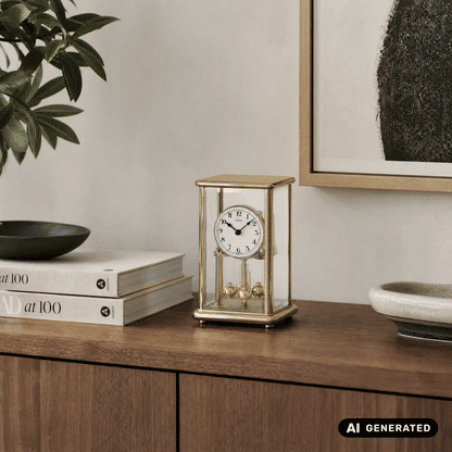 Goldene Uhr im Glasgehäuse mit rundem Ziffernblatt, arabischen Ziffern und Pendeloptik