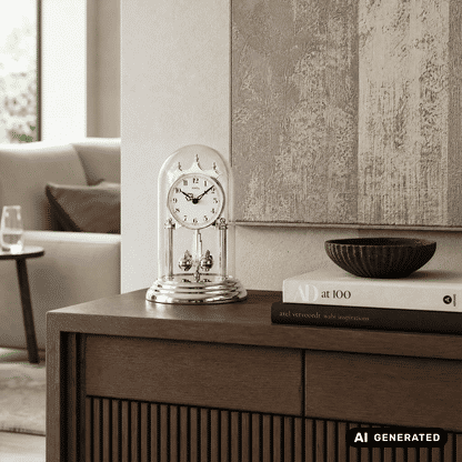 Tischuhr in vernickeltem Design mit Glashaube und Ziffernblatt im Großformat