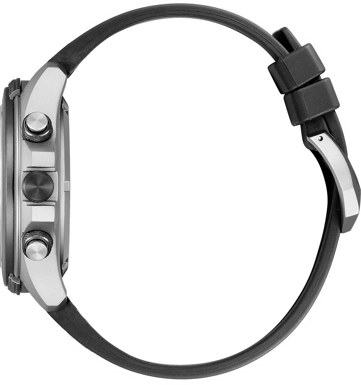 Herrarmbandsur med svart gummiarmband och silverfärgat hölje från sidan