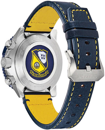 Herrarmbandur med blått läderarmband, gul undersida och baksida med logotyp
