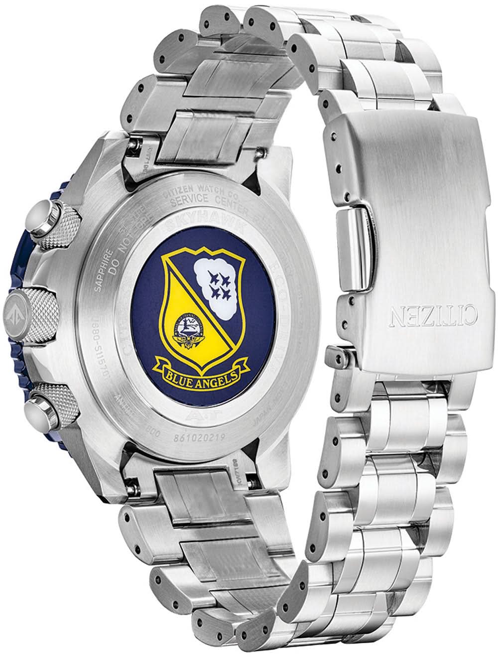 Herrklocka, bakvy med logotyp och armband i silverfärgat rostfritt stål