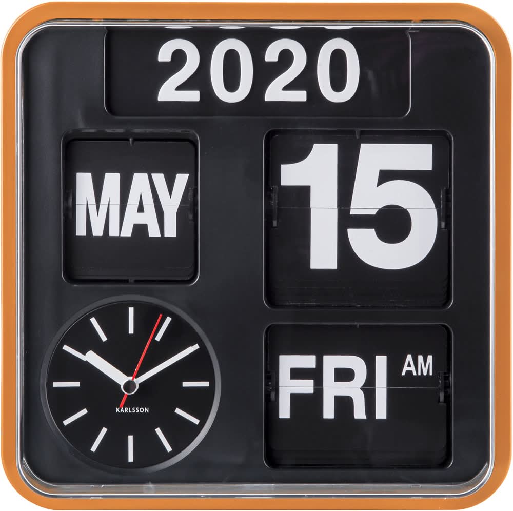 Väggklocka med orange ram, svart flip-kalender och urverk med visare