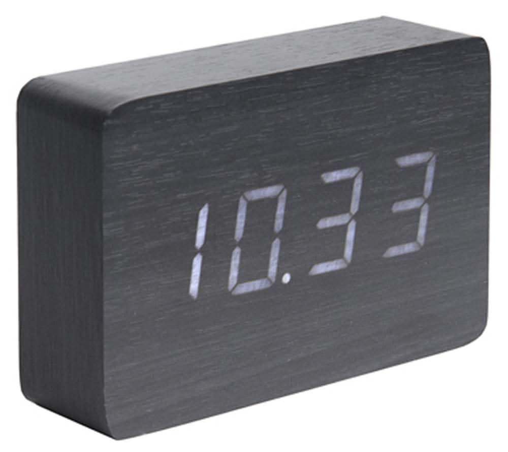 Digital väckarklocka med träutseende, rektangulärt hölje, visning 10:13