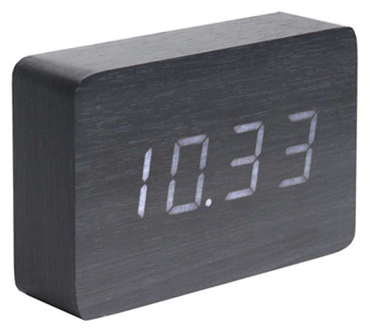 Digital väckarklocka med träutseende, rektangulärt hölje, visning 10:13