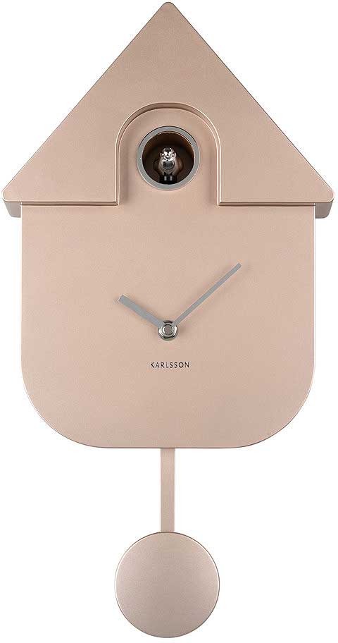 beige plastväggklocka i husdesign med rund pendel och visare