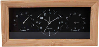 Analog rektangulär väckarklocka med bamburam, svart urtavla och temperatur- & hygrometerdisplay