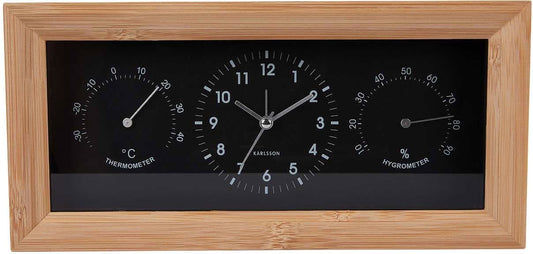 Analog rektangulär väckarklocka med bamburam, svart urtavla och temperatur- & hygrometerdisplay