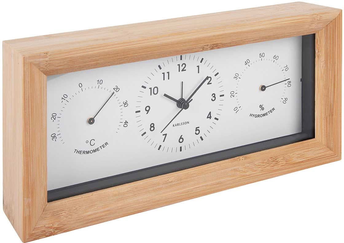 Analog väckarklocka i bamburam, sidovy med termometer- och hygrometerdisplay
