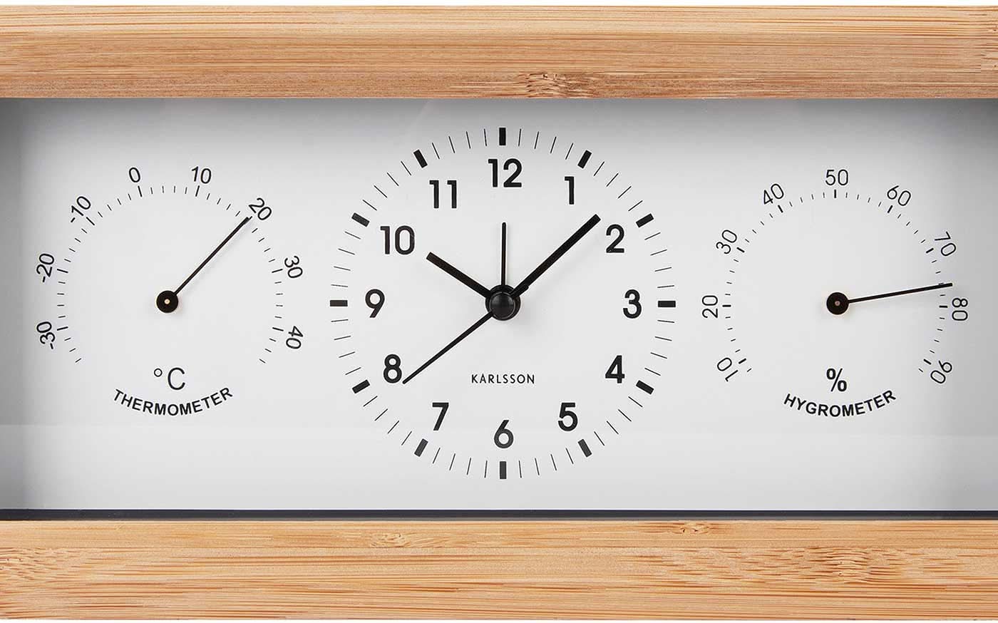 Analog väckarklocka med bamburam och stor urtavla, termometer och hygrometer